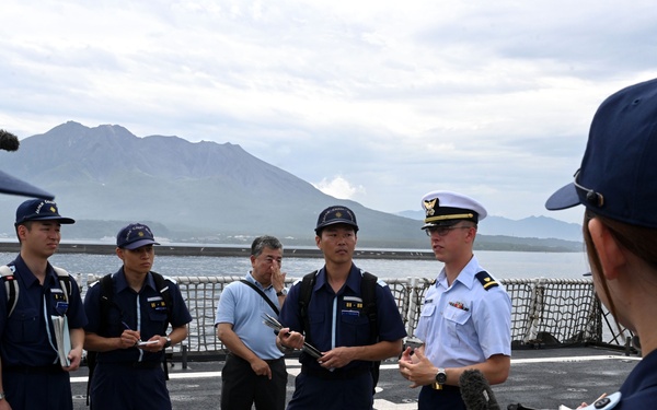 The Legend-class U.S. Coast Guard Cutter Stratton (WMSL 752) crew participates in trilateral engagements with Japan and Philippine Coast Guard members in Kagoshima, Japan