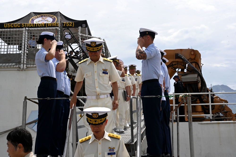 The Legend-class U.S. Coast Guard Cutter Stratton (WMSL 752) crew participates in trilateral engagements with Japan and Philippine Coast Guard members in Kagoshima, Japan