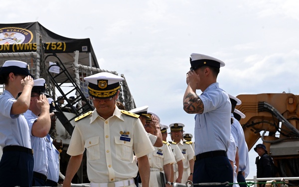 The Legend-class U.S. Coast Guard Cutter Stratton (WMSL 752) crew participates in trilateral engagements with Japan and Philippine Coast Guard members in Kagoshima, Japan