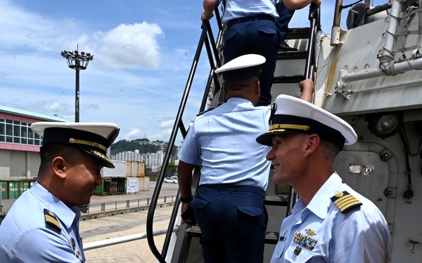The Legend-class U.S. Coast Guard Cutter Stratton (WMSL 752) crew participates in trilateral engagements with Japan and Philippine Coast Guard members in Kagoshima, Japan