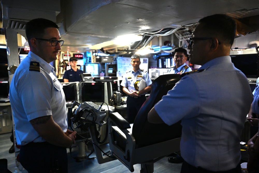 The Legend-class U.S. Coast Guard Cutter Stratton (WMSL 752) crew participates in trilateral engagements with Japan and Philippine Coast Guard members in Kagoshima, Japan