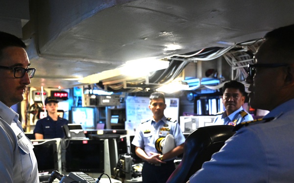 The Legend-class U.S. Coast Guard Cutter Stratton (WMSL 752) crew participates in trilateral engagements with Japan and Philippine Coast Guard members in Kagoshima, Japan