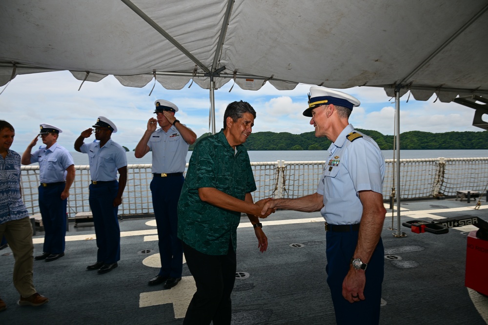 First US Coast Guard national security cutter to moor in the Republic of Palau hosts president of Palau and US ambassador to Palau