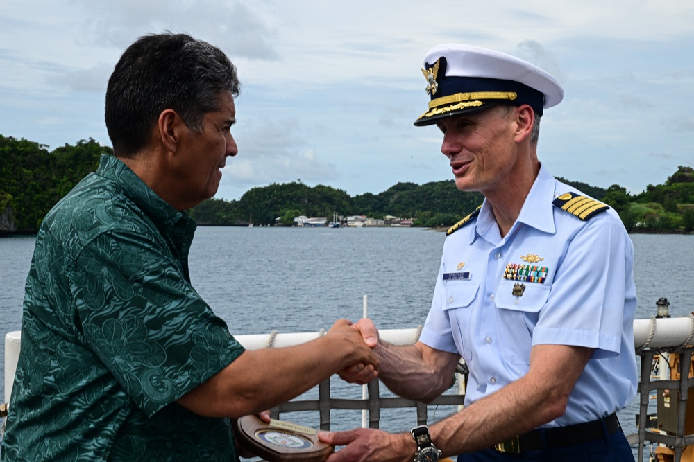 First US Coast Guard national security cutter to moor in the Republic of Palau hosts president of Palau and US ambassador to Palau