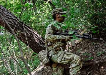 A rifleman from B Co., 4-9IN maneuvers up a steep slope at Camp Casey Training Area, South Korea July 29, 2025