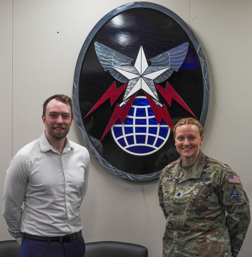 Dr. Nathan Kearns meets with Lt. Col. Michelle Haines at Peterson &amp; Schriever Space Force Base