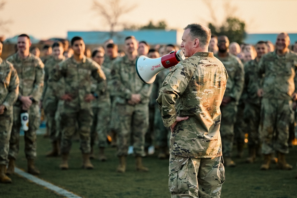 Space Base Delta 2 Commander Conducts Integrated PT Session and Commander’s Call