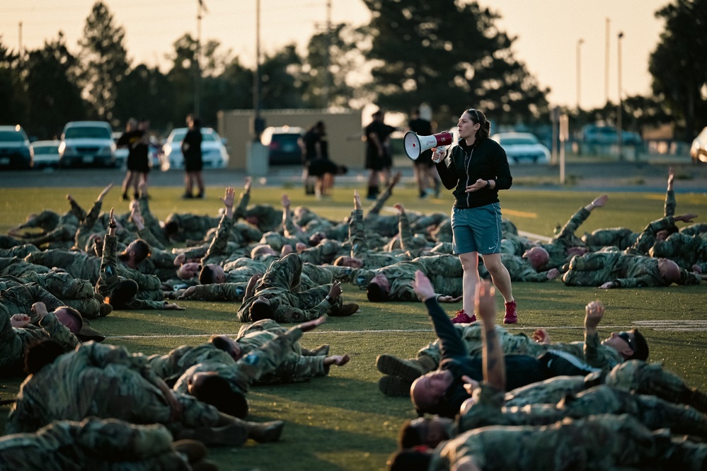 Space Base Delta 2 Commander Conducts Integrated PT Session and Commander’s Call