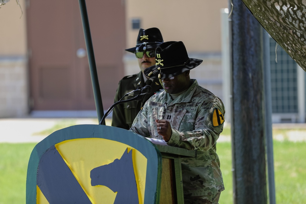1st Air Cavalry Brigade HHC say farewell to Capt. Jonathan Pompey and welcome incoming commander, Capt. Haley Custer