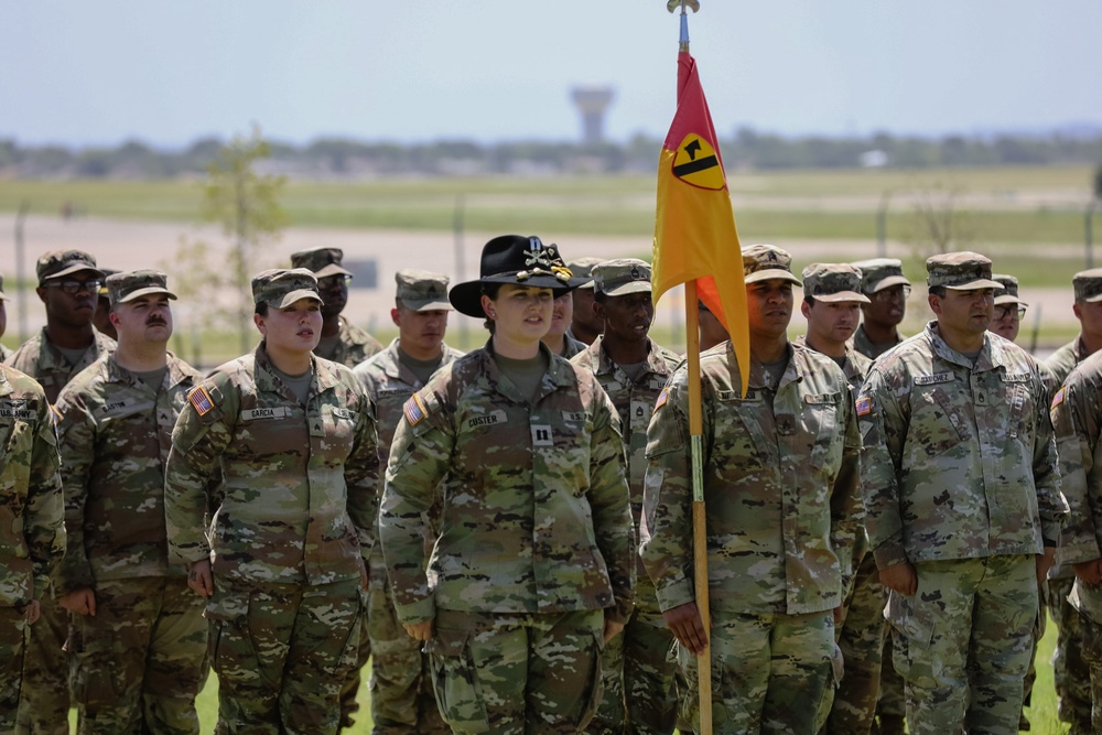 1st Air Cavalry Brigade HHC say farewell to Capt. Jonathan Pompey and welcome incoming commander, Capt. Haley Custer