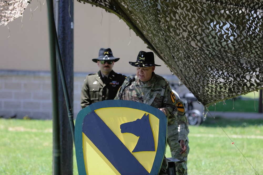 1st Air Cavalry Brigade HHC say farewell to Capt. Jonathan Pompey and welcome incoming commander, Capt. Haley Custer