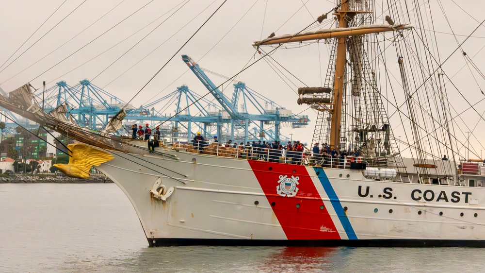 U.S. Coast Guard Cutter Eagle returns to Los Angeles Harbor, families and guests come to tour the vessel and meet the crew