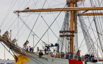 U.S. Coast Guard Cutter Eagle returns to Los Angeles Harbor, families and guests come to tour the vessel and meet the crew