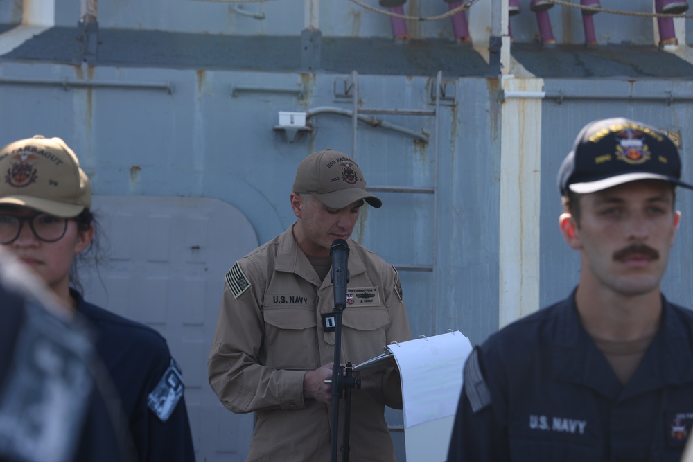 LT Aidan Reilly Reads Award Citations at USS FARRAGUT All Hands Call