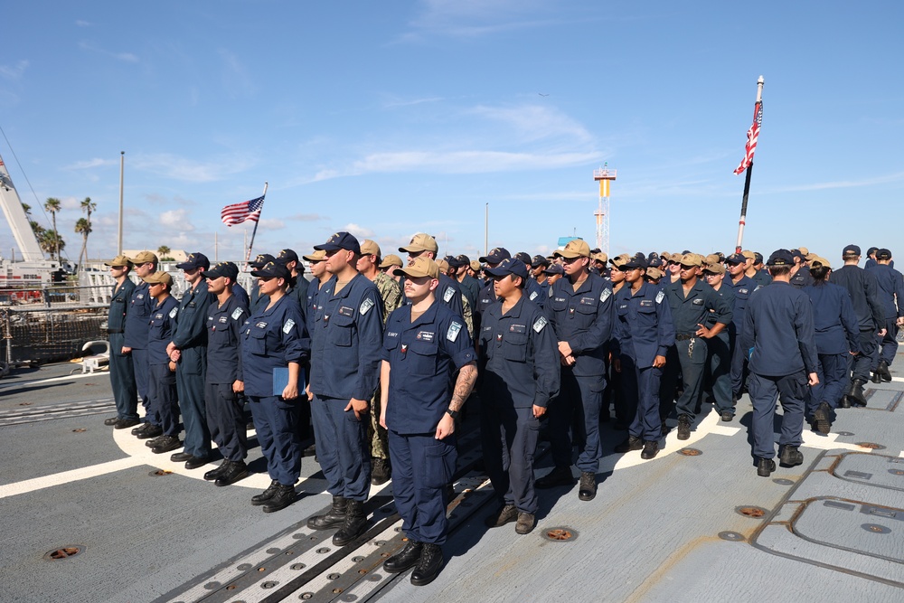 Crew of USS FARRAGUT Stand at Attention as Awardees Fall Back into Formation