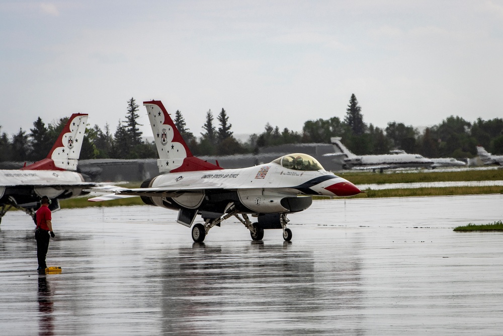 The U.S. Air Force Air Demonstration Team lands in Cheyenne, Wyoming
