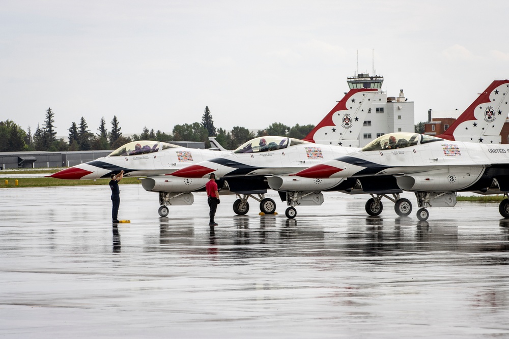 The U.S. Air Force Air Demonstration Team lands in Cheyenne, Wyoming