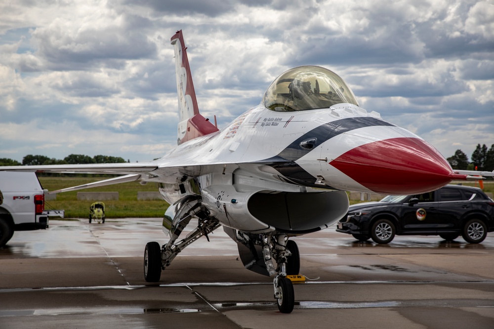 The U.S. Air Force Air Demonstration Team lands in Cheyenne, Wyoming