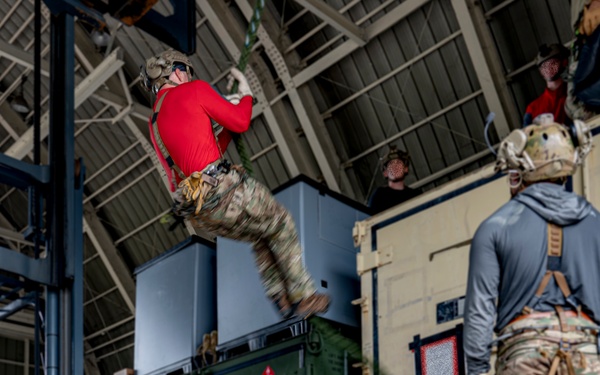 U.S. Air Force special operators practice static repel and fast rope training