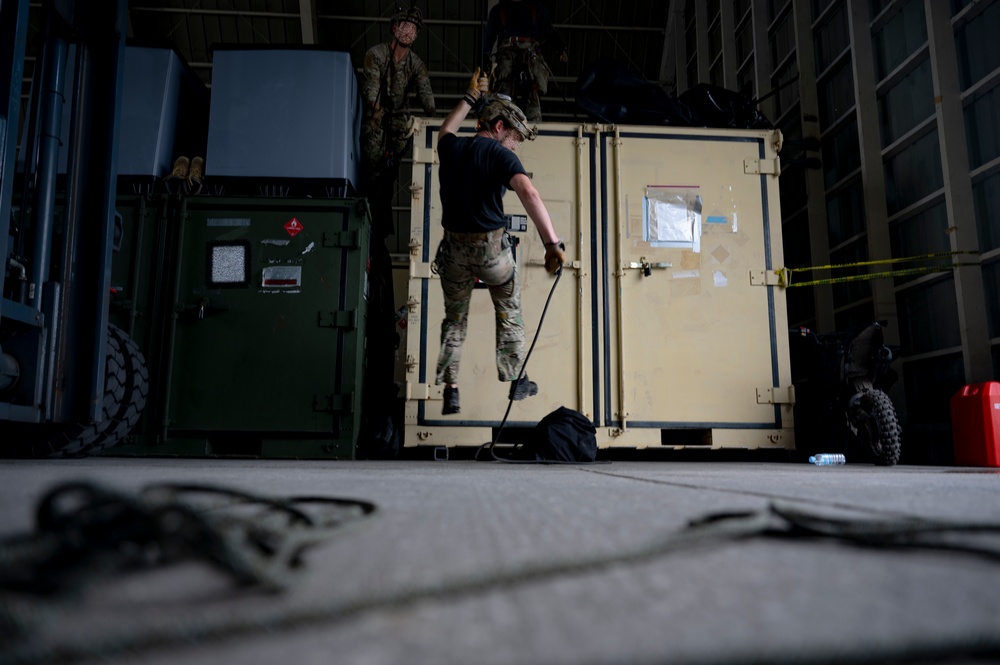 U.S. Air Force special operators practice static repel and fast rope training