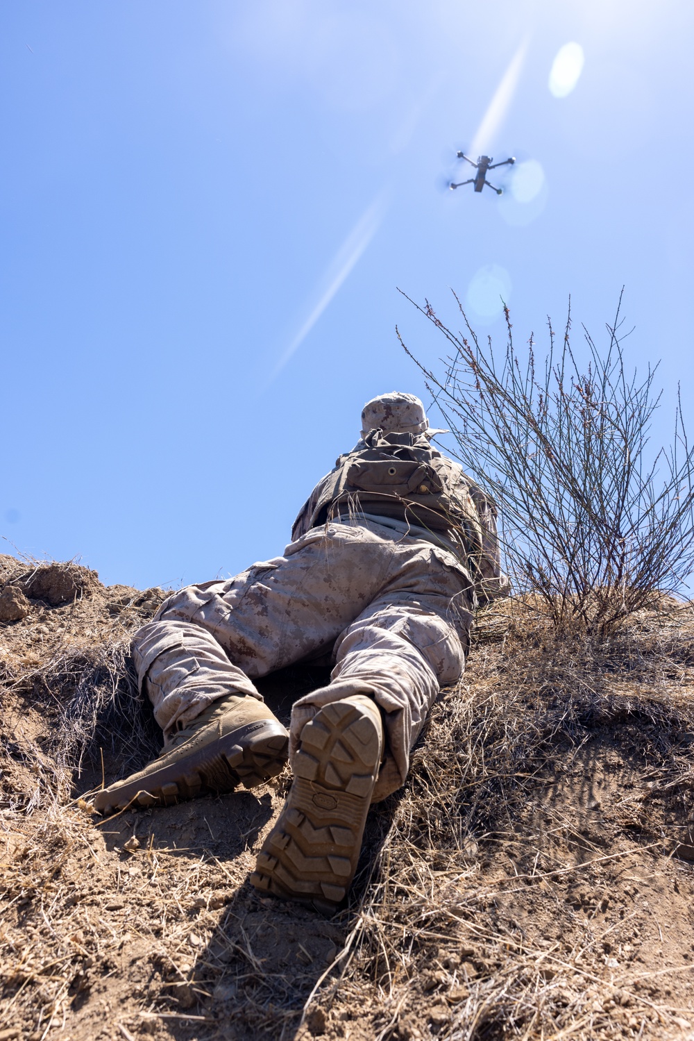 Marines fly a Skydio drone during a battalion field exercise