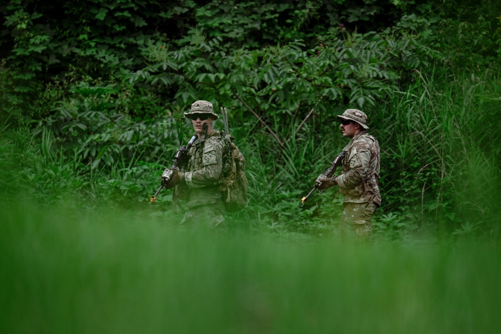 U.S. Army Soldiers from 2nd Battalion, 23rd Infantry Regiment conduct a dismounted patrol through dense vegetation during a squad live-fire training exercise on July 31, 2025, at the Story Live Fire Complex, South Korea.