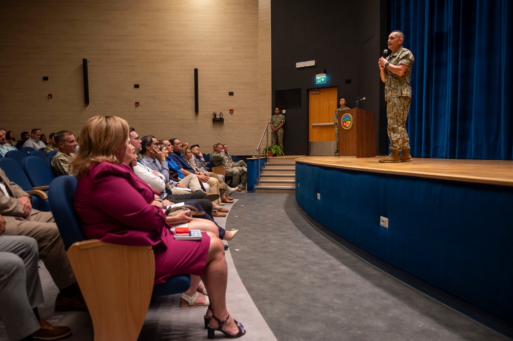 Rear Adm. Cuadros Addresses NAVFAC EURAFCENT Staff in Naples, Italy