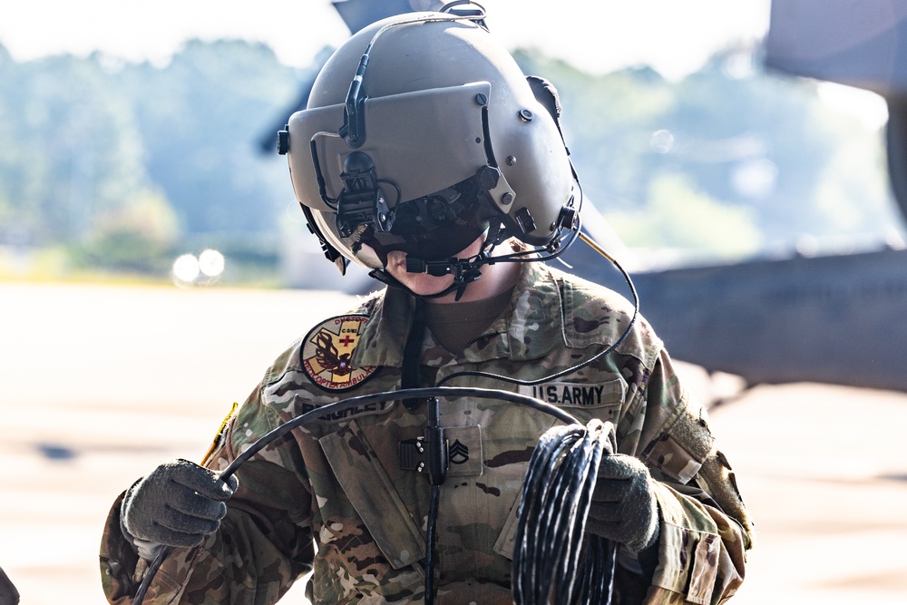 Pre-flight checks by a U.S. Army MH-60 Blackhawk crew