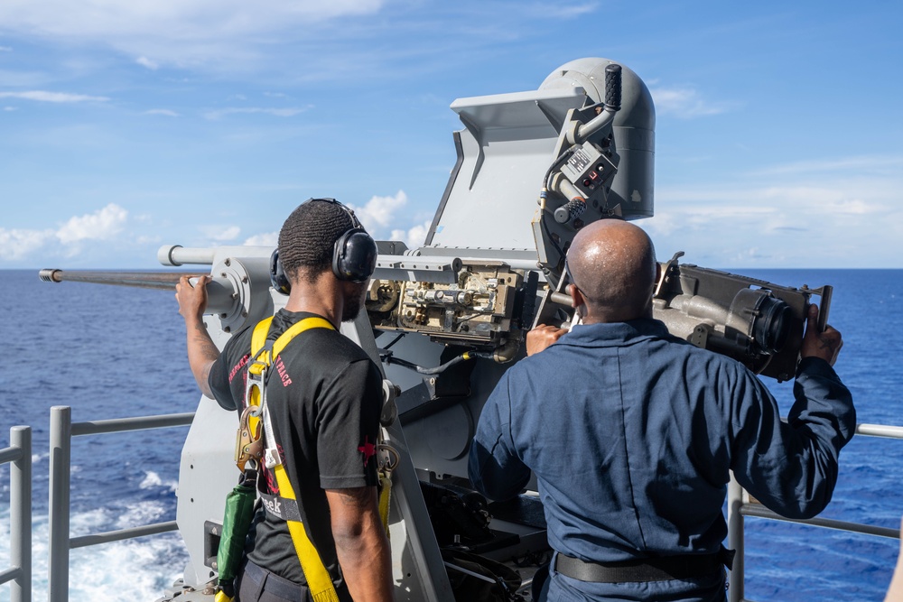 USS America (LHA 6) Conducts a Mark 38 Live Fire Exercise