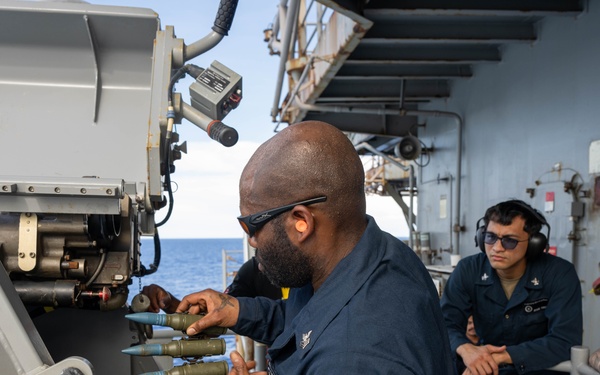 USS America (LHA 6) Conducts a Mark 38 Live Fire Exercise