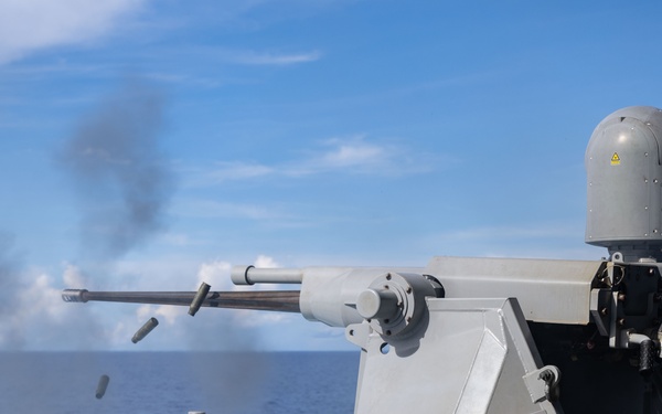 USS America (LHA 6) Conducts a Mark 38 Live Fire Exercise