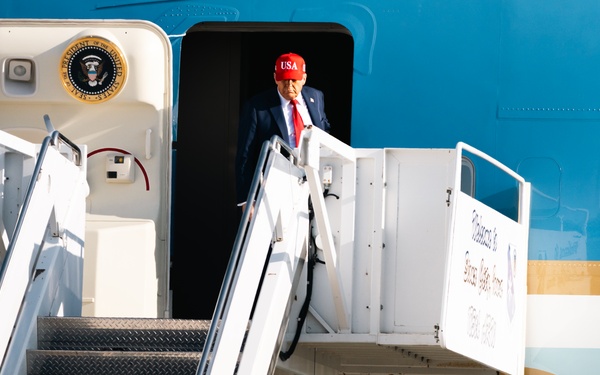 President Donald J. Trump exits Air Force One at the Iowa National Guard's 132d Wing air base