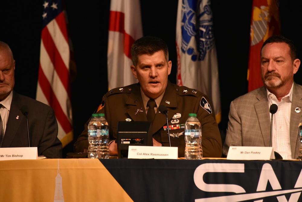 COL Alex Rasmussen speaks at the Acquisition Update Panel for Space and Missile Defense at the 2025 SMD Symposium