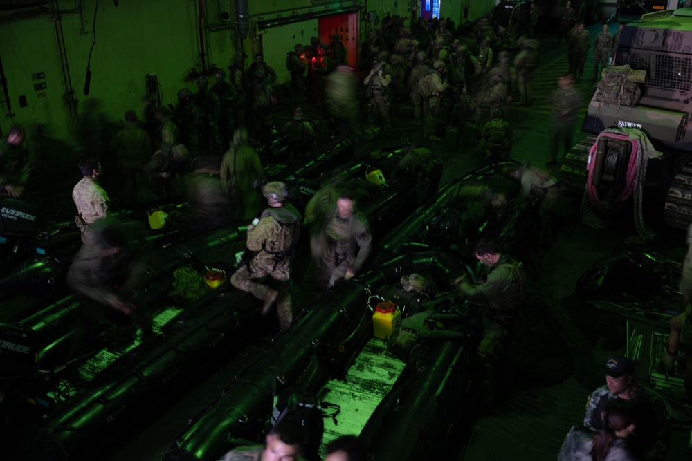1st Recon Bn., Australian Army soldiers embark on small boat insertions