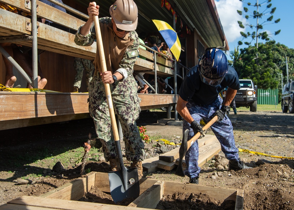 Pacific Partnership 2025 multinational service members construct a ramp in Lae, Papua New Guinea, August 2025