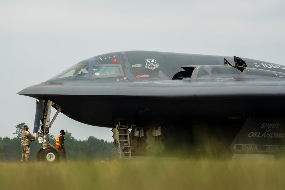 B-2 Spirit aircrews swap during Northern Strike 2025