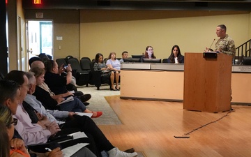 Col. Jeff Palazzini, commander, Pacific Palisdades Emergency Field Office, updates Malibu residents on the debris removal mission.