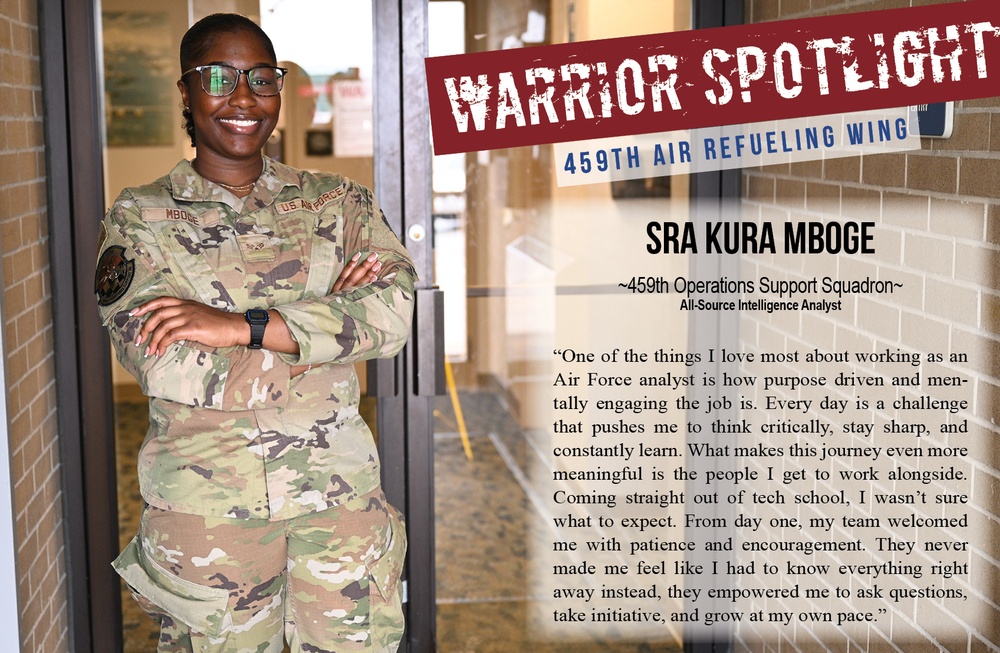 Senior Airman Kura Mboge is the 459th Air Refueling Wing Warrior of the Month