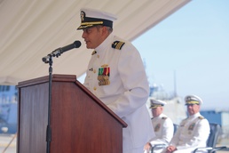 Cmdr. Arturo Trejo gives remarks during his change of command ceremony