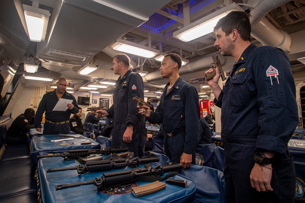 USS Higbee Sailors Conduct Weapons Familiarity Training