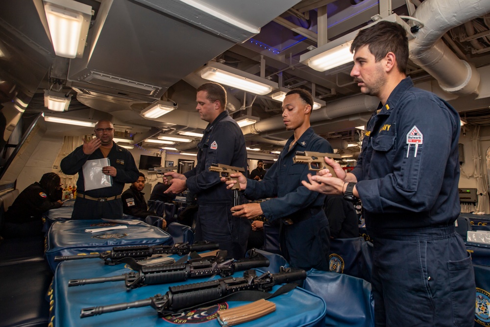 USS Higbee Sailors Conduct Weapons Familiarity Training