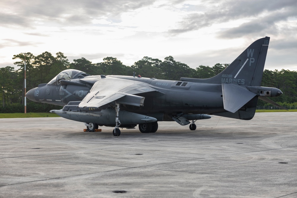 U.S. Marines with Marine Attack Squadron 223 prepare AV-8B Harriers for ordnance training