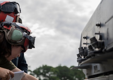U.S. Marines with Marine Attack Squadron 223 prepare AV-8B Harriers for ordnance training