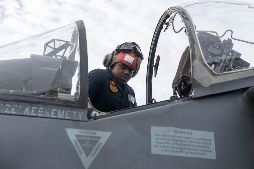 U.S. Marines with Marine Attack Squadron 223 prepare AV-8B Harriers for ordnance training