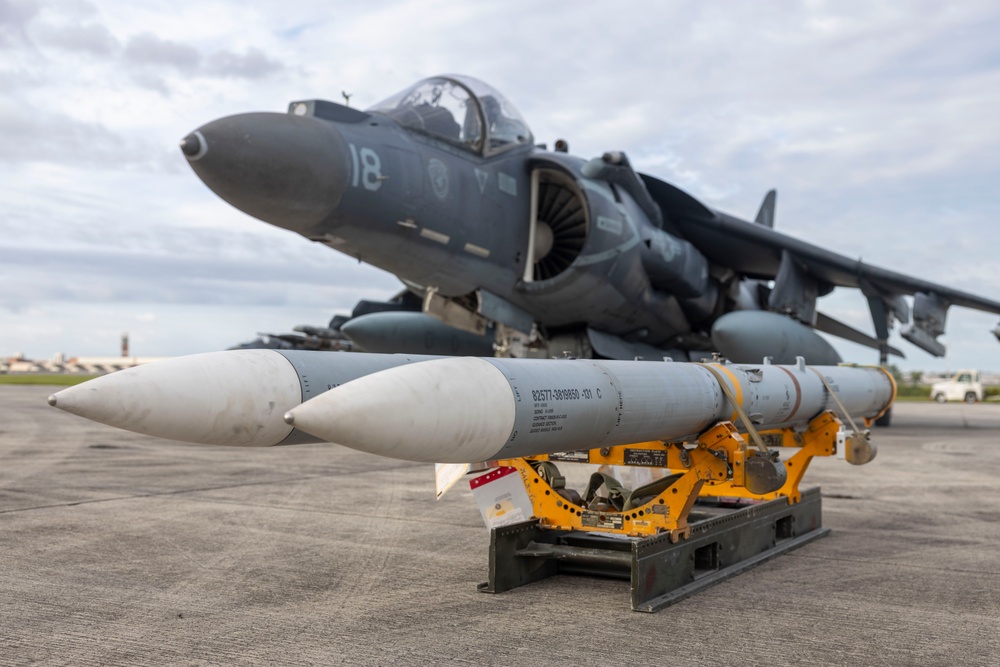 U.S. Marines with Marine Attack Squadron 223 prepare AV-8B Harriers for ordnance training