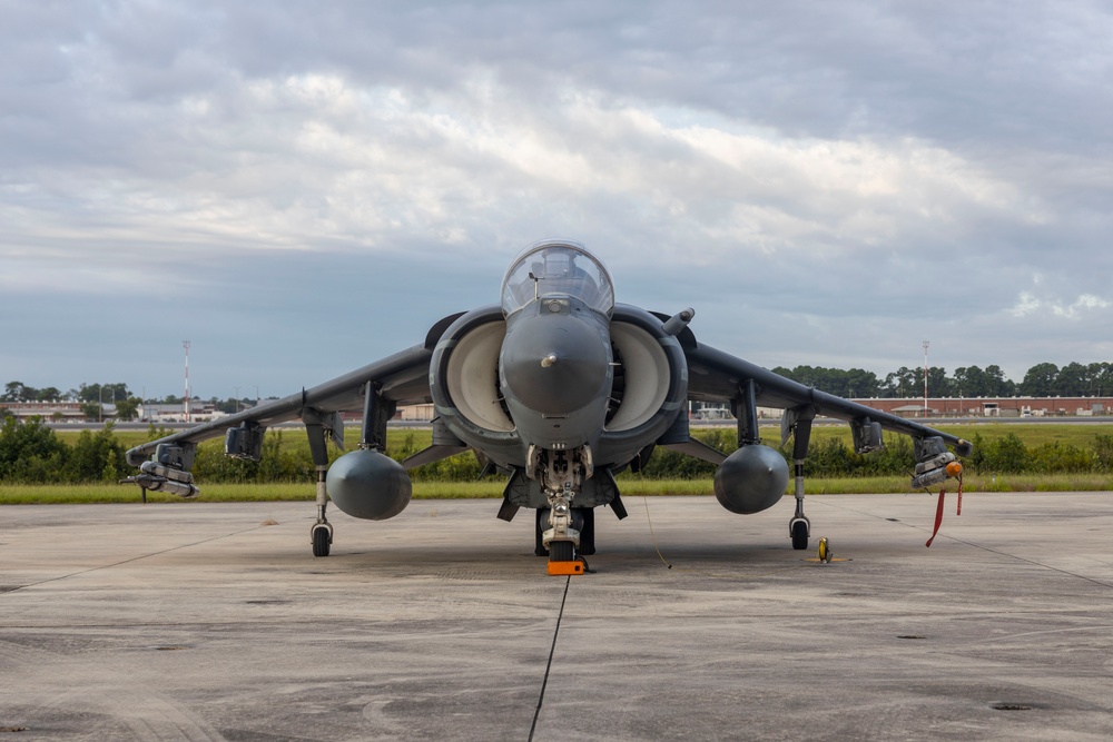 U.S. Marines with Marine Attack Squadron 223 prepare AV-8B Harriers for ordnance training