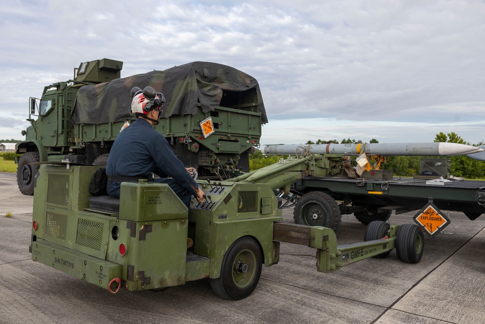 U.S. Marines with Marine Attack Squadron 223 prepare AV-8B Harriers for ordnance training