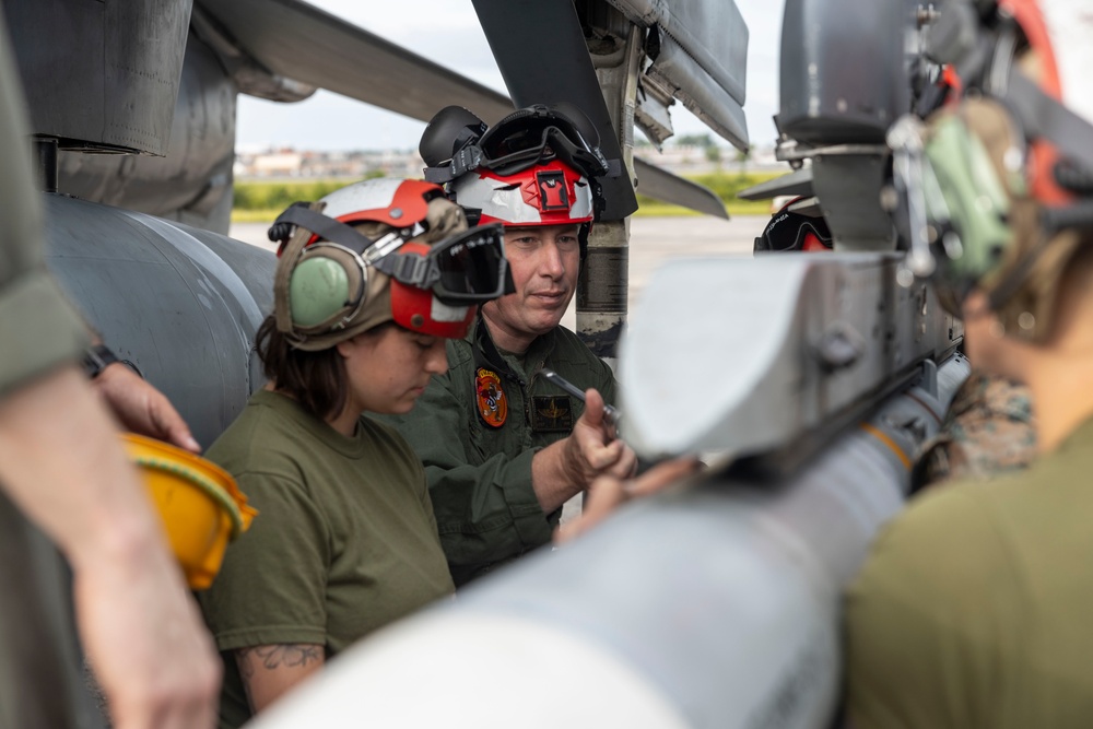 U.S. Marines with Marine Attack Squadron 223 prepare AV-8B Harriers for ordnance training
