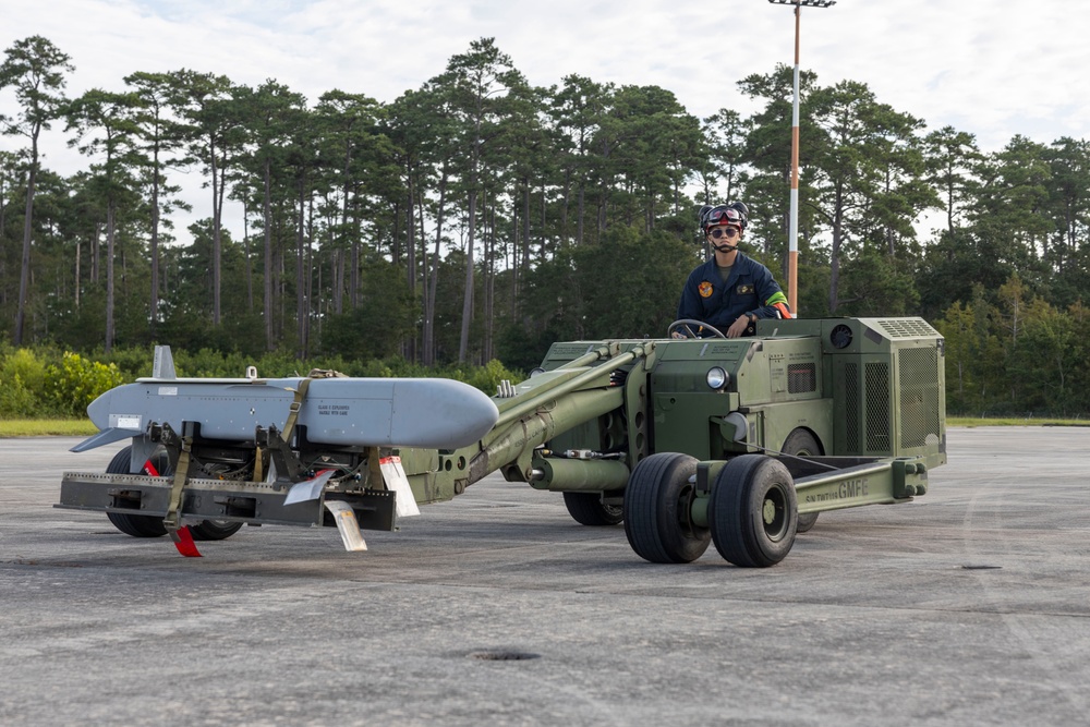 U.S. Marines with Marine Attack Squadron 223 prepare AV-8B Harriers for ordnance training