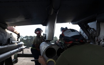 U.S. Marines with Marine Attack Squadron 223 prepare AV-8B Harriers for ordnance training
